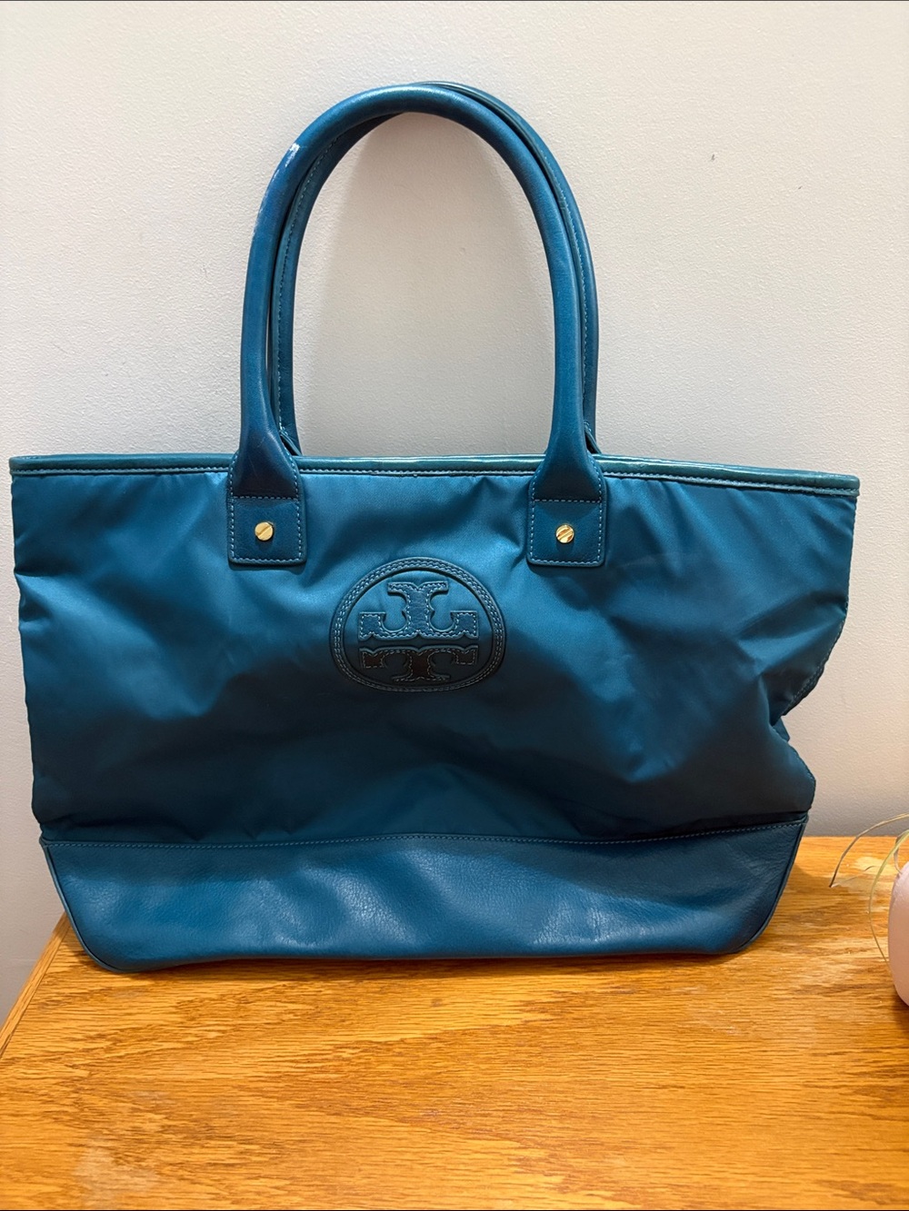 Tory Burch Teal Nylon Tote with Leather Trim and Logo Medallion